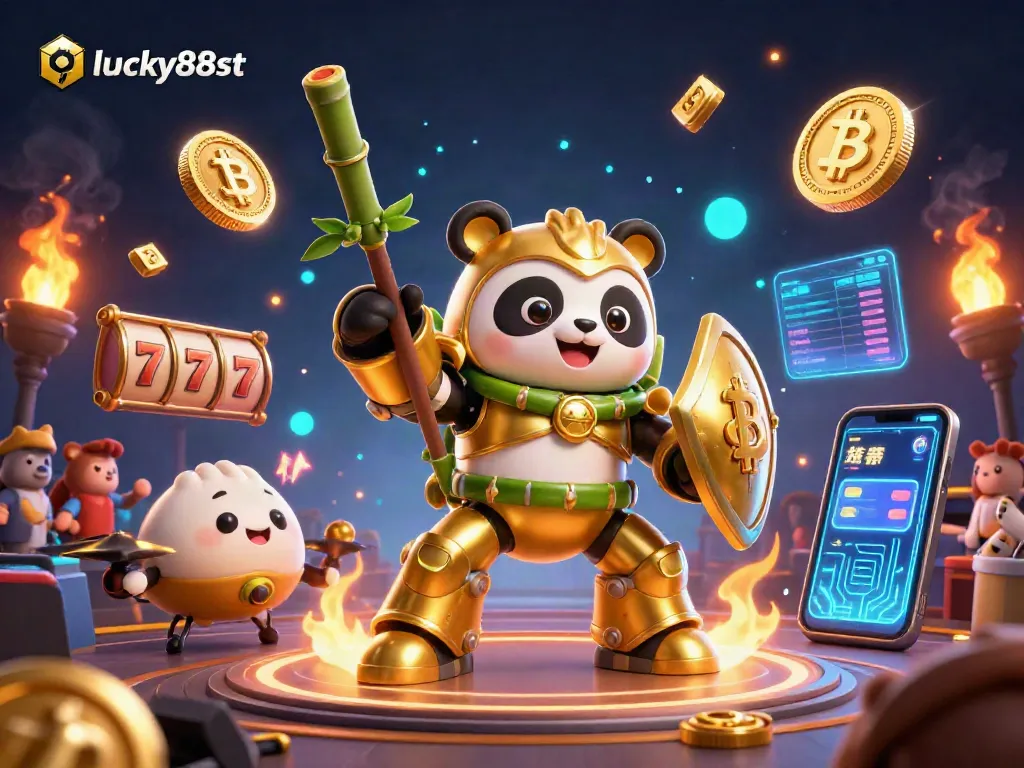 Experience thrilling games at lucky88st with energetic panda-themed 3D characters and vibrant casino elements.