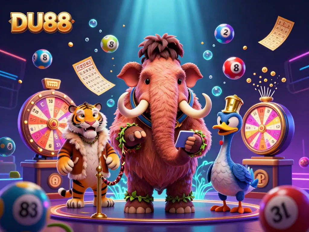 Experience DU88's vibrant casino atmosphere with a mammoth bouncer, saber-tooth guest, and lottery elements.