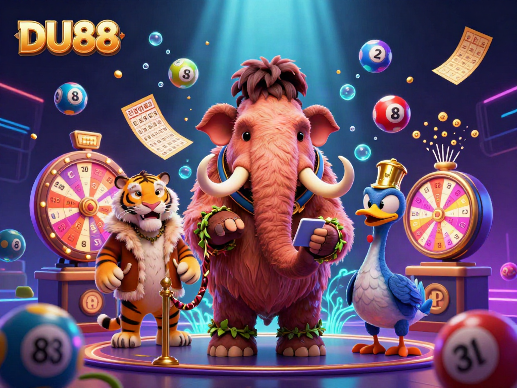 Experience DU88's vibrant casino atmosphere with a mammoth bouncer, saber-tooth guest, and lottery elements.