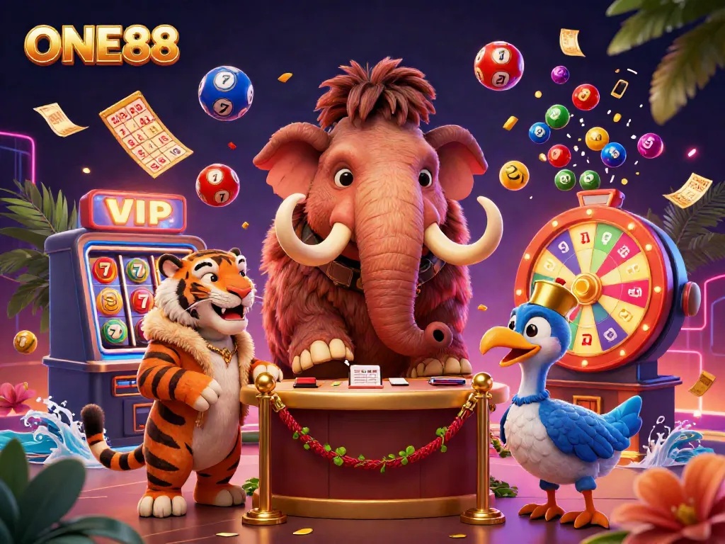 ONE88 casino scene featuring a woolly mammoth bouncer checking IDs, rich with colorful lottery elements.