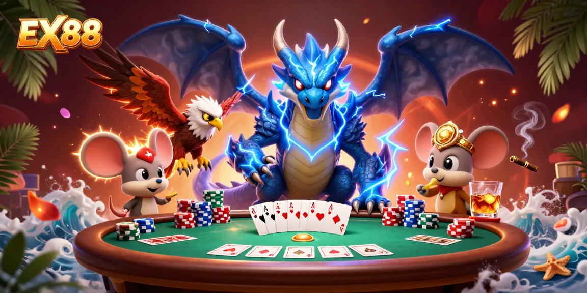 EX88 players enjoy thrilling poker action with colorful chips and dynamic characters.