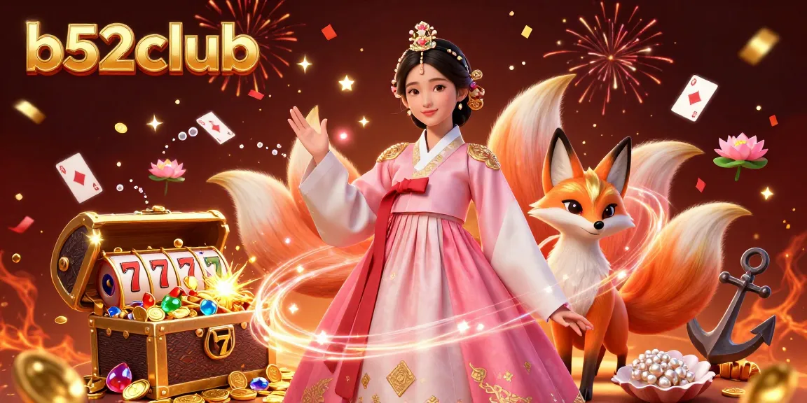 Win big with b52club in this vibrant 3D casino scene featuring lucky symbols and festive decorations.