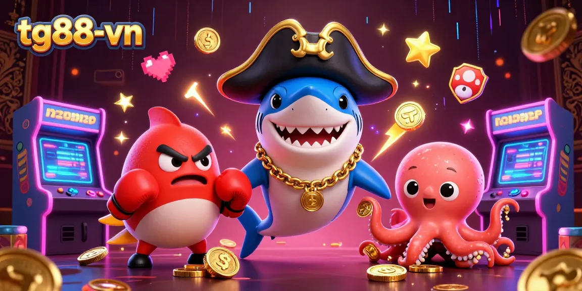 Experience thrilling games at tg88-vn, with dynamic elements including a playful pirate shark, vibrant arcade machines, and casino gold coins.