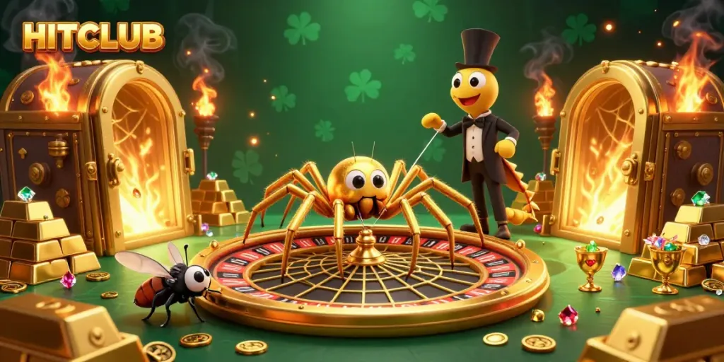 Engage with HITCLUB's exciting casino scene featuring a golden roulette wheel, colorful gems, and vibrant characters.