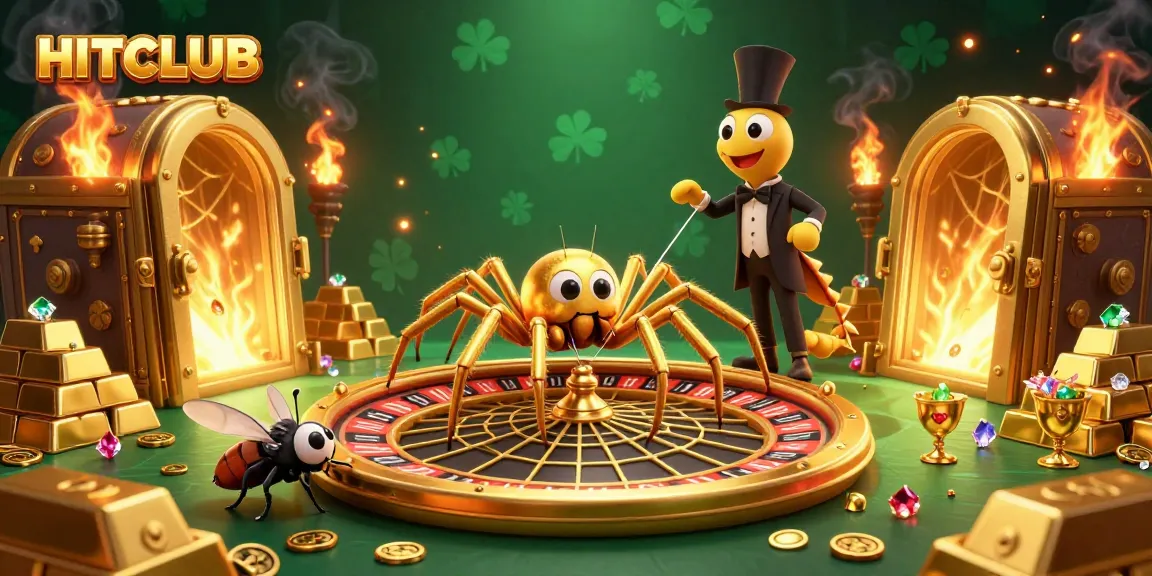 Engage with HITCLUB's exciting casino scene featuring a golden roulette wheel, colorful gems, and vibrant characters.