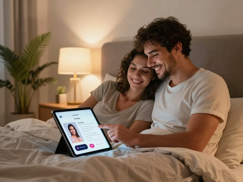 Couple interacting with sex AI technology in a cozy bedroom setting