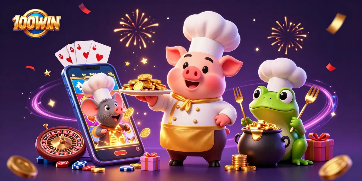 Experience 100WIN excitement with a gourmet chef pig, golden coins, and vibrant slot games.