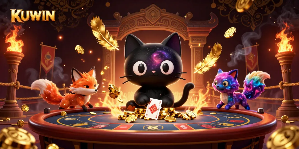 KUWIN gaming scene showcasing a cosmic black hole cat and a nebula fox at a vibrant casino table
