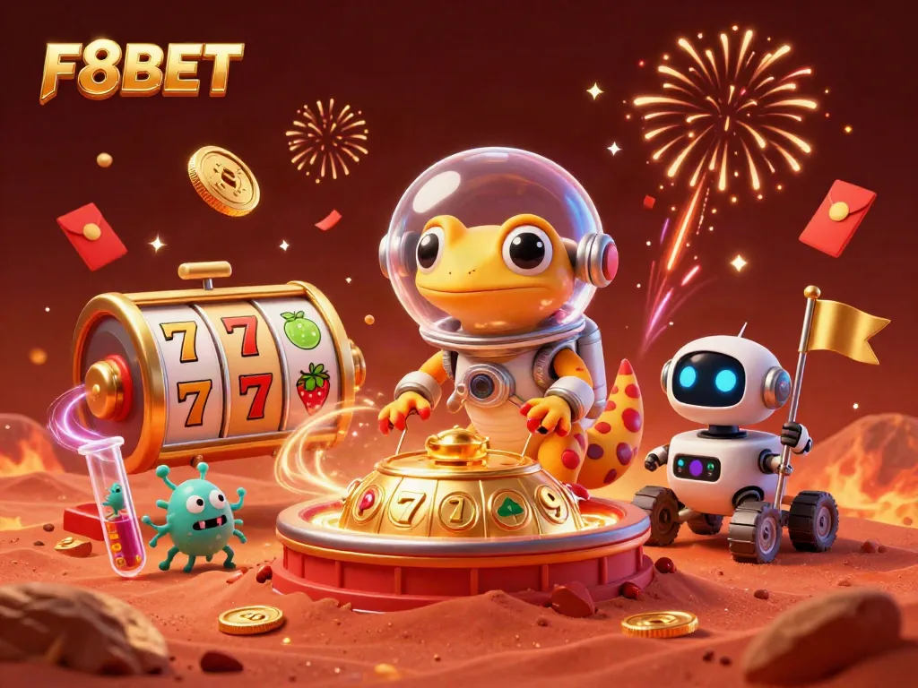 Experience thrilling gameplay at F8BET as a Martian gecko finds a golden casino on Mars, rich with casino elements.