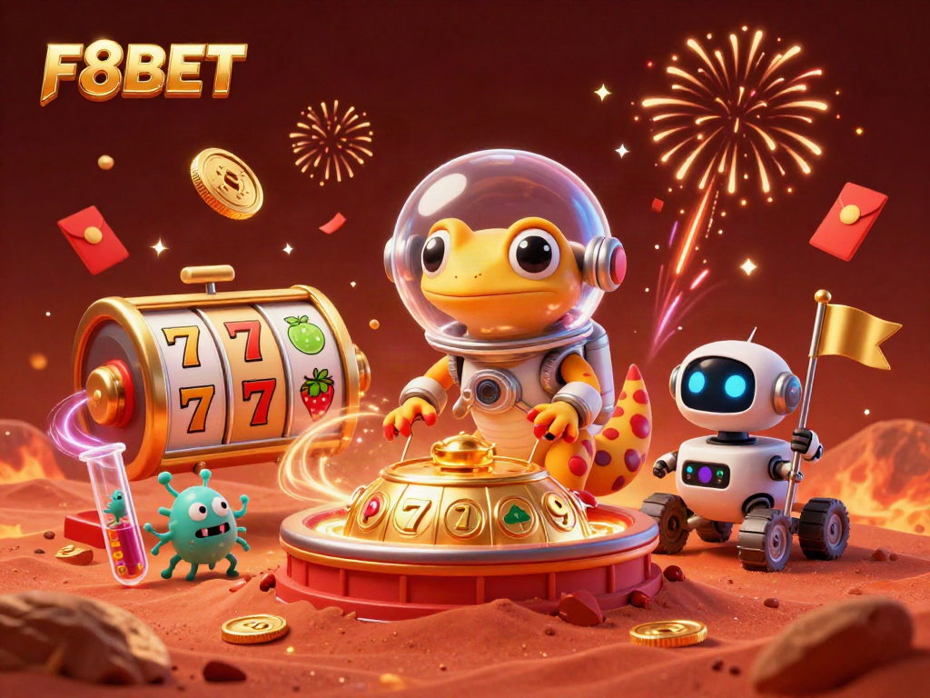 Experience thrilling gameplay at F8BET as a Martian gecko finds a golden casino on Mars, rich with casino elements.