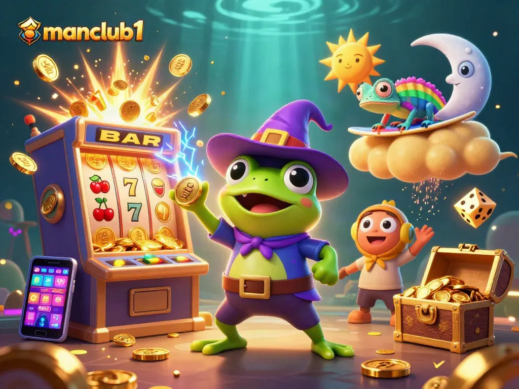 Experience the thrill of manclub1 with a vibrant 3D casino scene bursting with golden coins and game action.