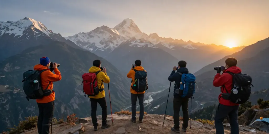 Circuito de Manaslu con viajeros admirando las montañas al atardecer.