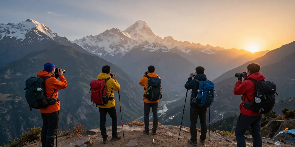 Circuito de Manaslu con viajeros admirando las montañas al atardecer.