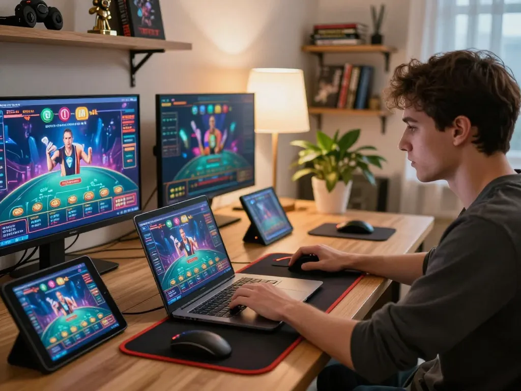 Player enjoying Net88 live dealer game on laptop, showcasing modern online gaming setup.