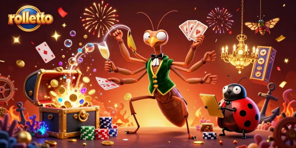 Experience rolletto action with a vibrant 3D casino illustration featuring dynamic characters and rich game elements.