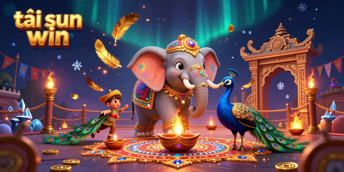 A vibrant scene of tải sun win, showcasing a cartoon elephant and peacock amidst golden coins and casino elements.