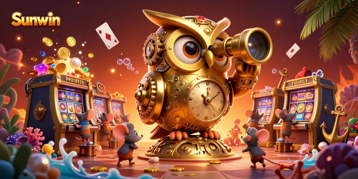 Engage with Sunwin's thrilling gaming world featuring a clockwork owl and vibrant casino elements.