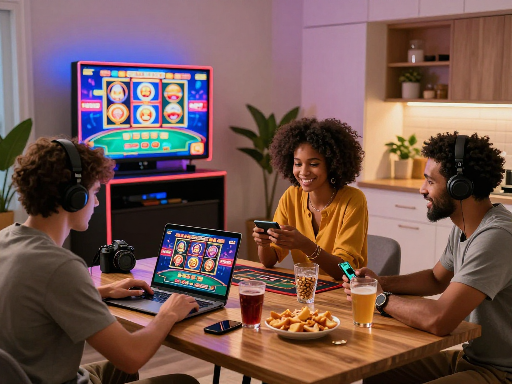 Players exploring casinos not on gamstop uk in a vibrant home gaming setting with laptops and smartphones.