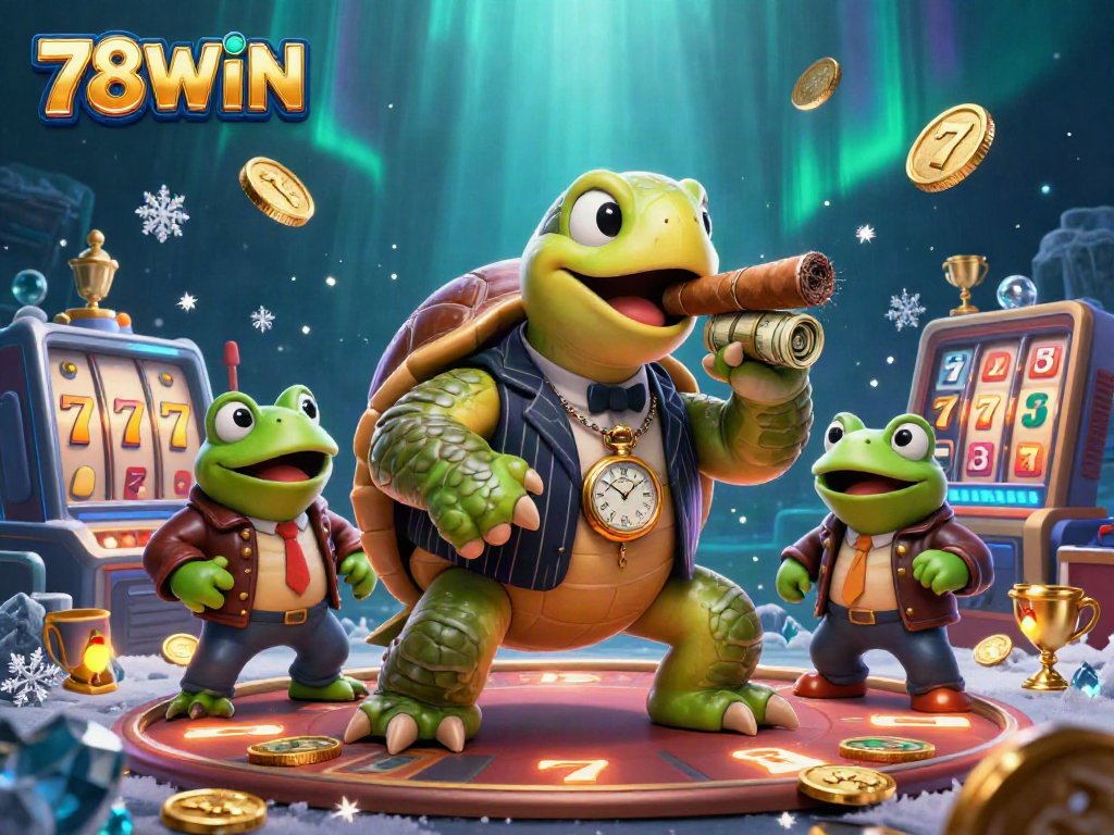 Experience the lively atmosphere of 78WIN's casino with a vivid 3D illustration featuring a unique snapping turtle and bullfrog enforcers amidst thrilling gaming elements.