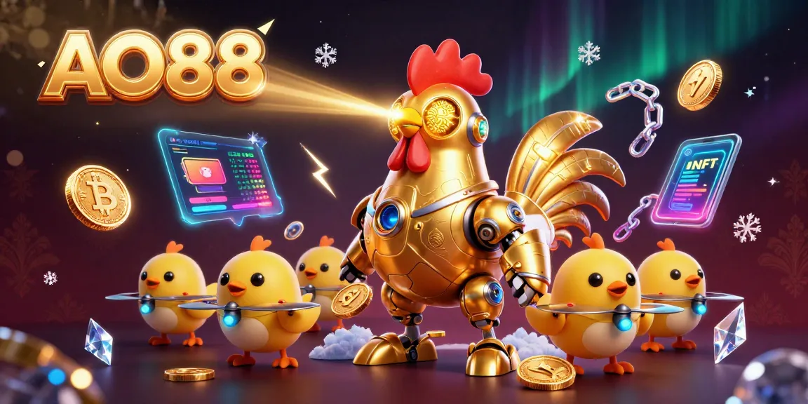 Engage with the AO88 casino experience through a vivid scene of a golden rooster robot and crypto coins.