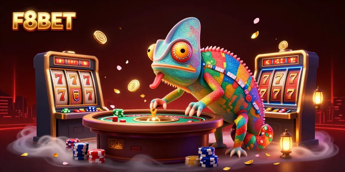 Engage in thrilling slots action at F8BET with a colorful chameleon owner surrounded by exciting elements.