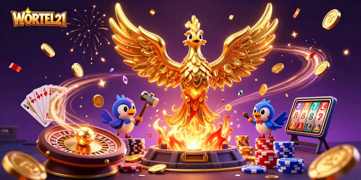 Experience the vibrant WORTEL21 casino magic with golden phoenix, chips, and spinning roulette.