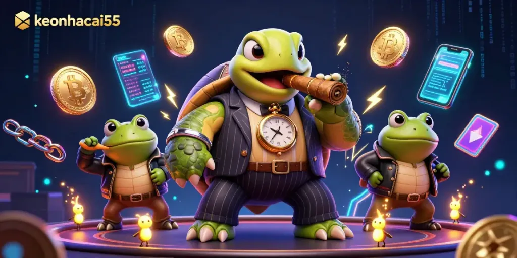 Place bets at keonhacai55 with a vibrant scene of a snapping turtle and bullfrog enforcers.