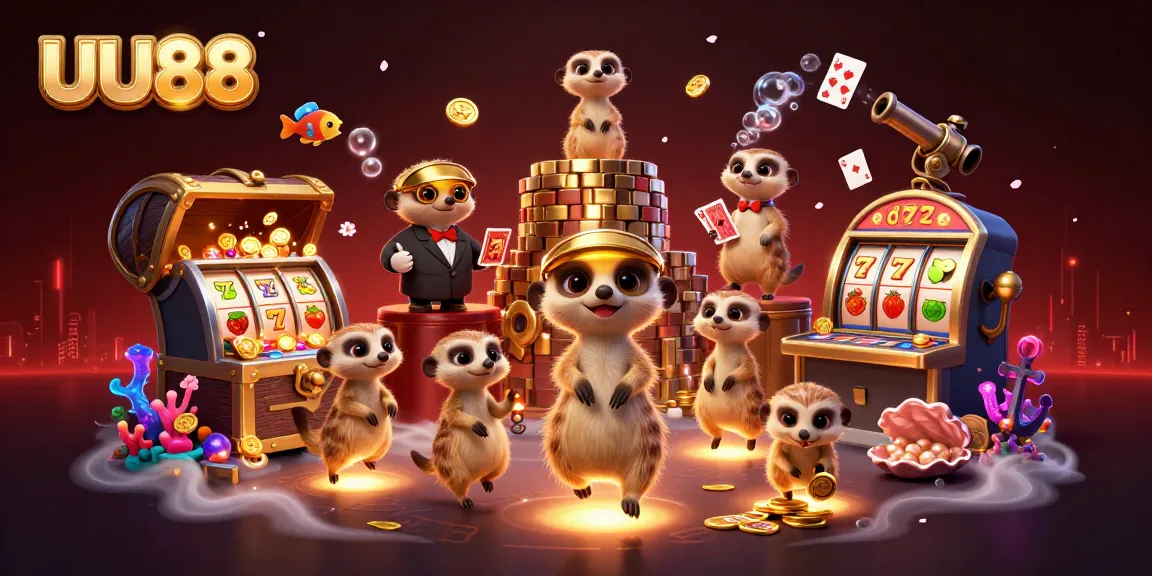 Experience the excitement at UU88 with meerkats running a vibrant casino, surrounded by lively game elements.
