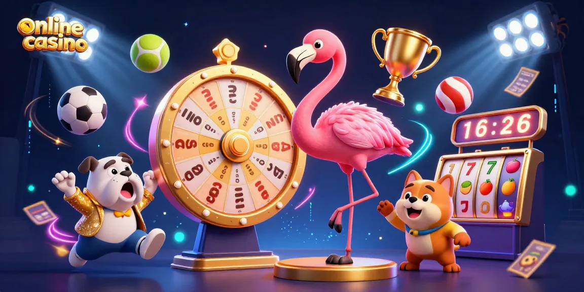 Engage in lively online casino action with a flamingo host, bulldog contestant, and scoreboard cat amidst dynamic slot elements.