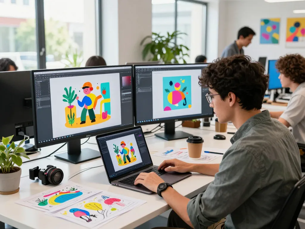 Creative professional using the nano banana 2 AI image editor in a vibrant tech workspace
