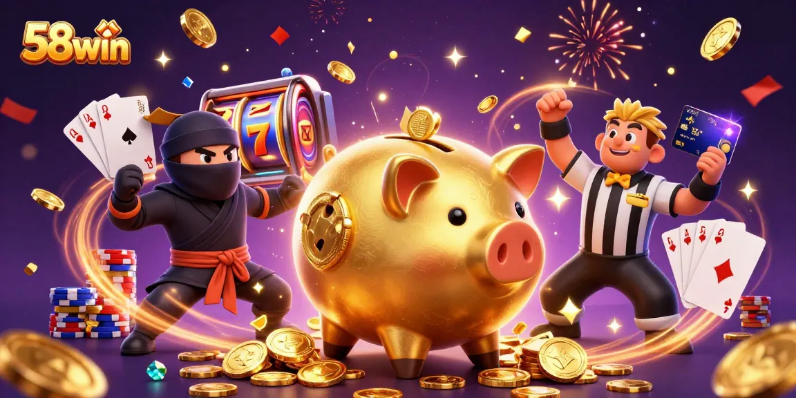 Experience the thrill of 58win with dynamic casino action, featuring gold coins, vibrant slot reels, and festive energy.