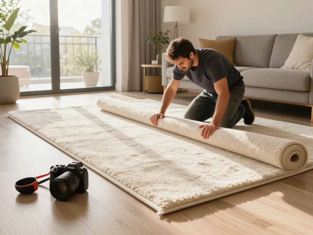 Expert carpet fitting services West London, showcasing a tradesperson laying plush carpet in a bright living room.