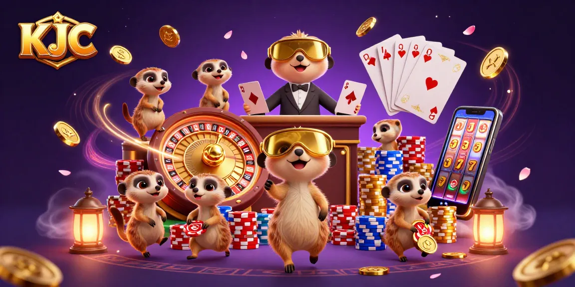 KJC meerkats engage in dynamic casino gameplay with colorful chips and coins scattering.