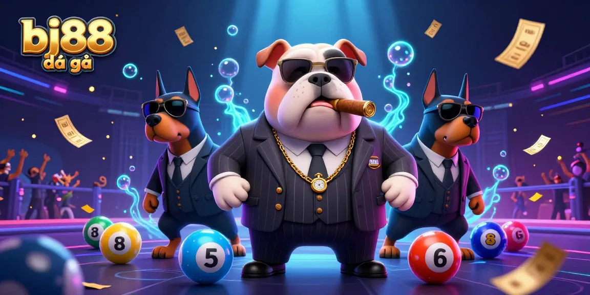 Experience thrilling bj88 đá gà action with a mafia bulldog leading two Doberman bodyguards amidst vibrant game elements.