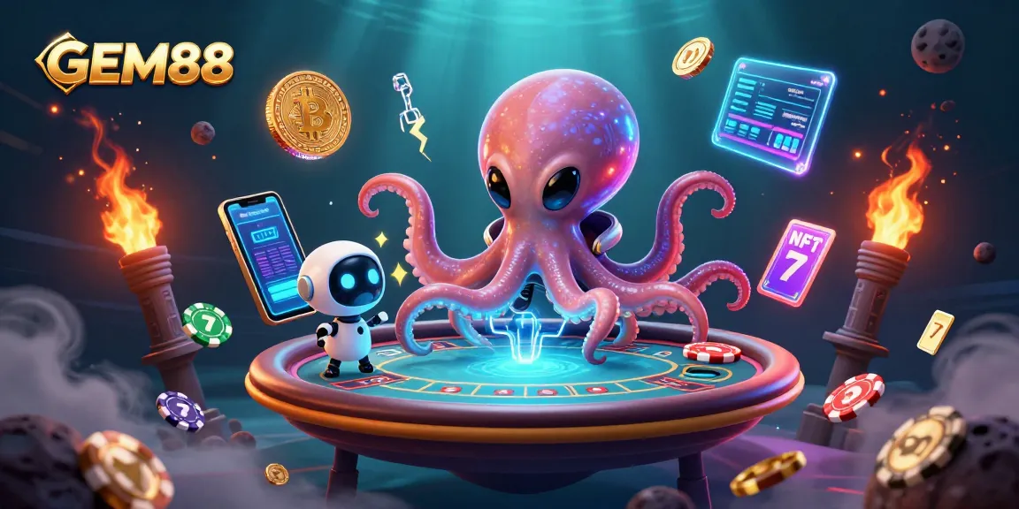 GEM88 showcases a vibrant alien-themed casino scene with immersive slot machines and animated poker elements.
