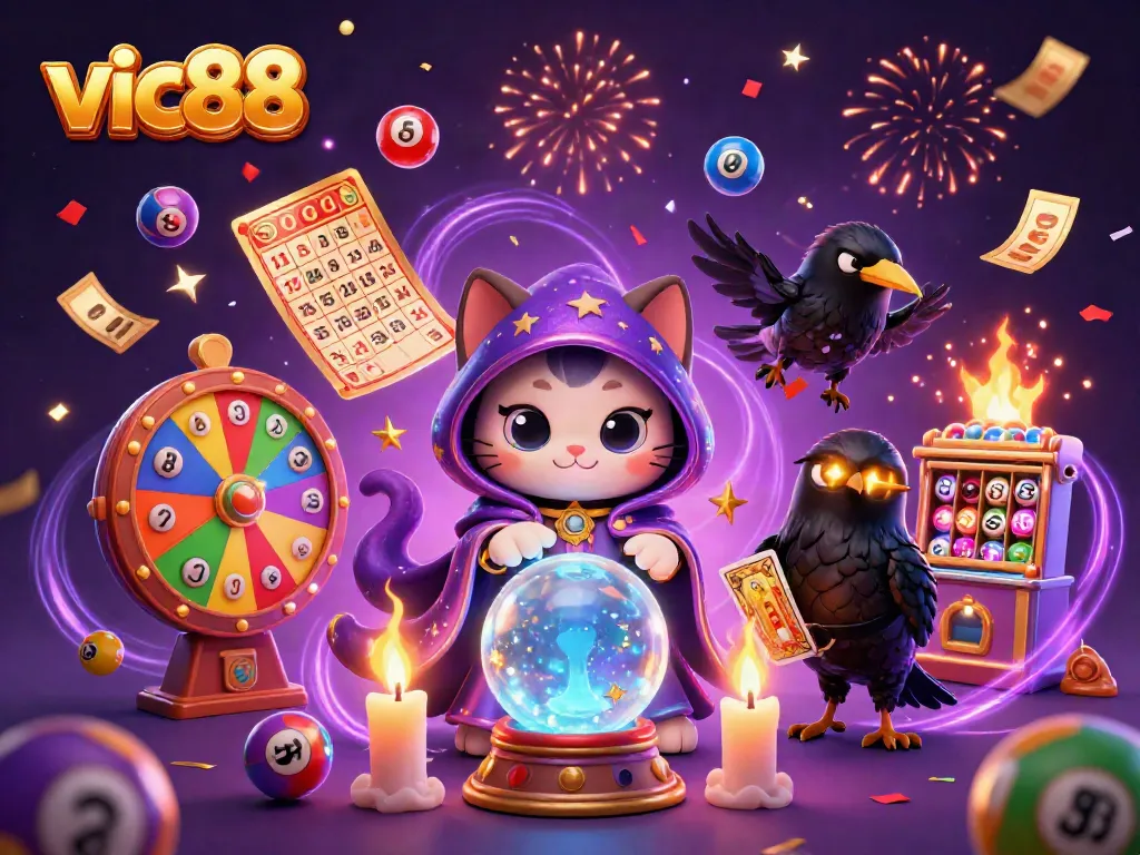 Experience the thrills of vic88 with vibrant lottery elements and mystical characters in an engaging scene.