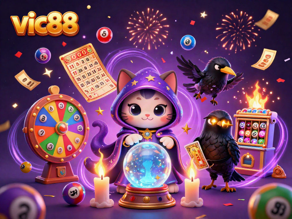 Experience the thrills of vic88 with vibrant lottery elements and mystical characters in an engaging scene.