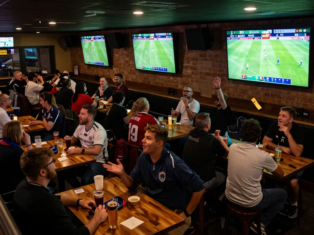 Kèo Nhà Cái action in a sports bar with fans enjoying live betting during a football match.