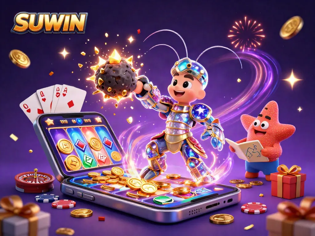 Suwin showcases vibrant 3D gambling action featuring a cartoon mantis shrimp amidst exploding gems and a colorful gaming smartphone.