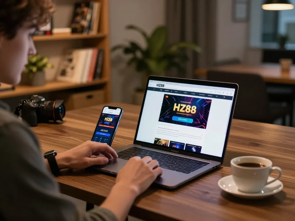 Play online casino games at HZ88 on a laptop in a cozy setting with warm lighting.