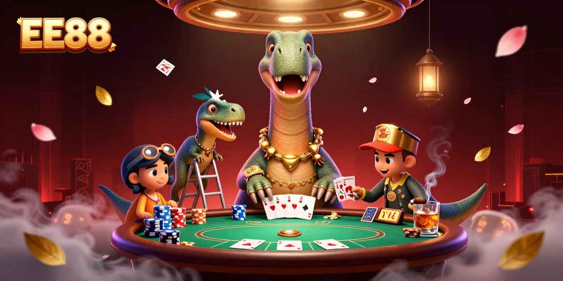 EE88 showcases a playful brontosaurus overlooking a vibrant poker game scene.