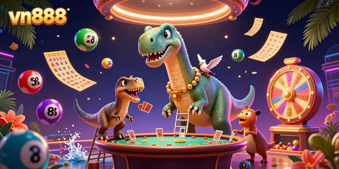 Engage with vn888 in this vibrant casino scene featuring animated characters and colorful gaming elements.