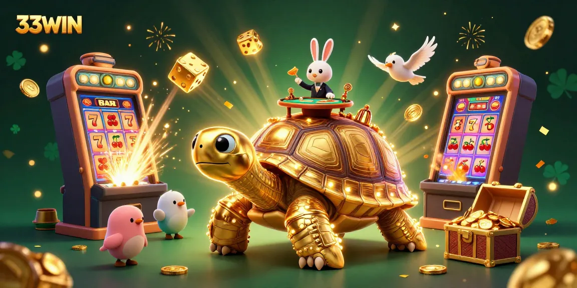Engage with 33WIN's exciting world of luck and jackpots illustrated through vibrant characters and casino symbols.