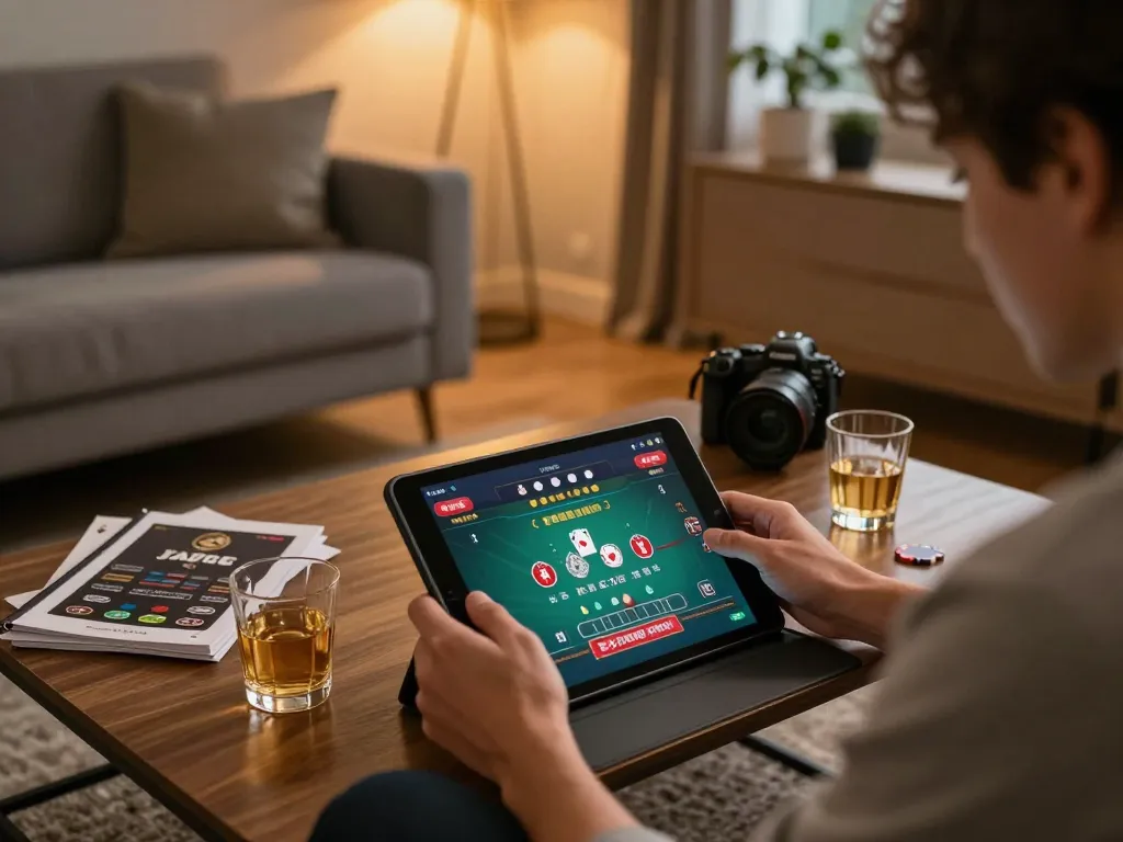 nk88 player engaging in online casino gameplay, tablet showcasing poker strategy in a cozy living space.