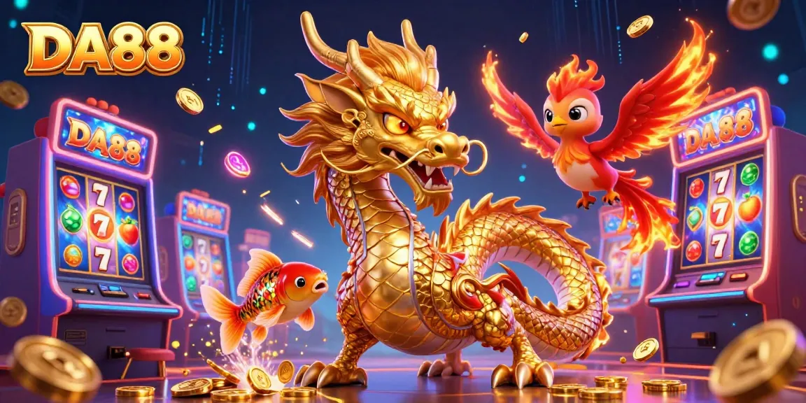 Spin the reels of DA88 with a golden dragon and phoenix amidst casino excitement.