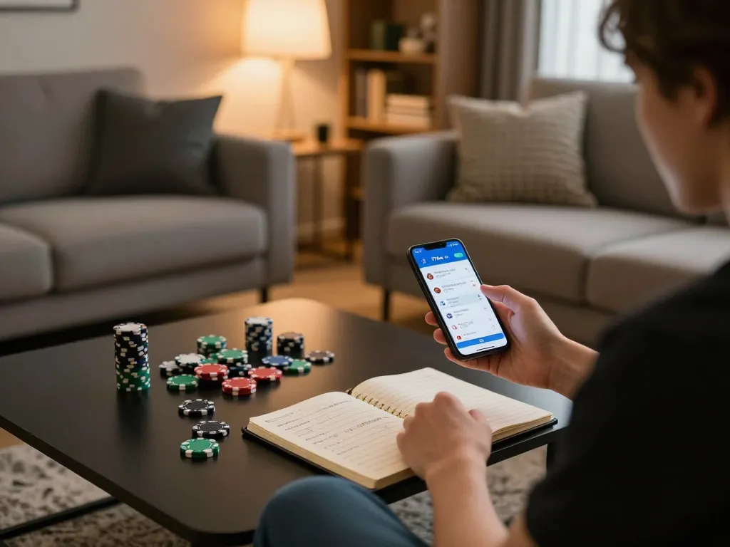 Engaged player using the 77bet app on smartphone surrounded by betting strategy notes and chips.
