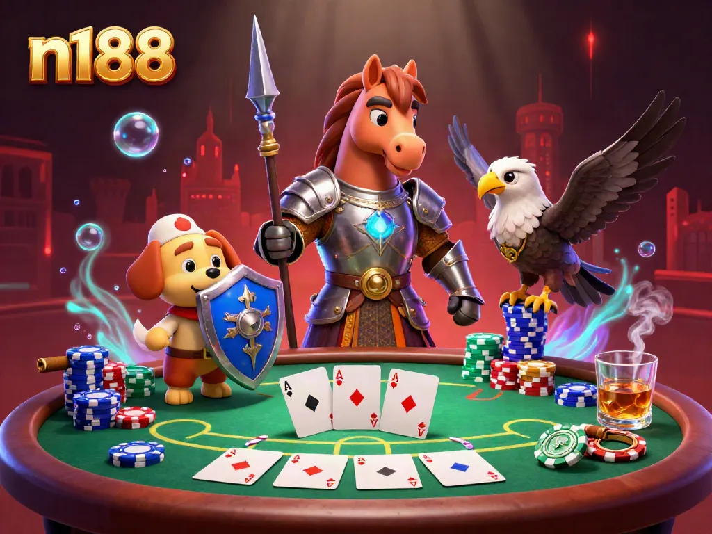 Engaging 3D scene shows the n188 knight, puppy, and falcon around a vibrant poker table with colorful chips.