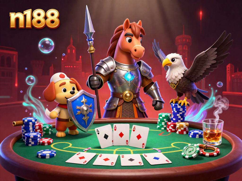 Engaging 3D scene shows the n188 knight, puppy, and falcon around a vibrant poker table with colorful chips.