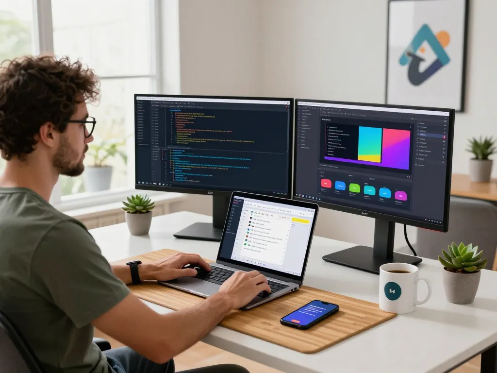 Moltbot developer working in a modern tech workspace, featuring code on multiple monitors and creative design tools.