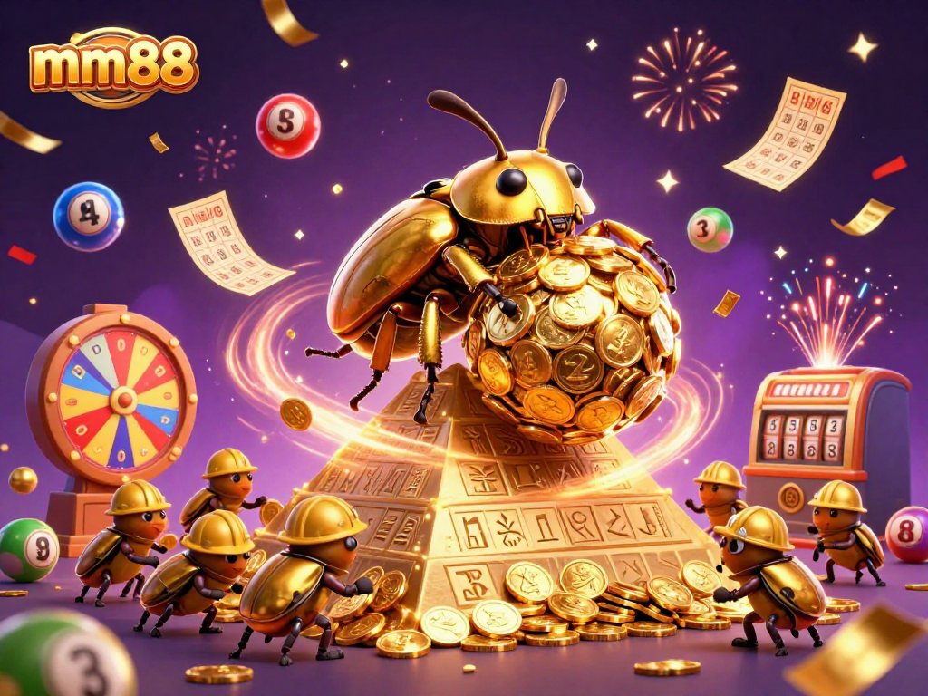 Experience thrilling gameplay with mm88 as golden beetles roll in a vibrant casino world.